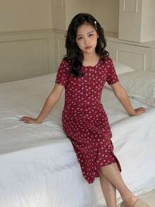 DAZY Tween Girls Ditsy Floral Round Neck Nightgown Loungewear Summer - Burgundy - View 6