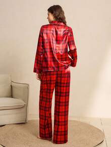 Classic British Plaid Open Front Lapel Casual Women Pajama Set, Long Sleeve & Long Pants, Suitable For Outerwear - Red - View 2