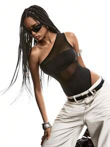 LYSMO Women Fashion Solid Color See-Through Asymmetrical Neck Bodysuit - Black - View 3