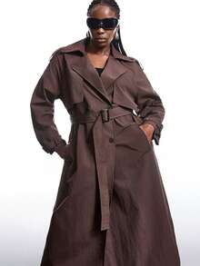 LYSMO Plus Size Plain Color Dual-Breasted Long Casual Trench Coat, Spring/Autumn Winter Fall - Brown - View 5