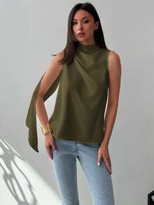 Aloruh 极简通勤风白色无袖褶皱H字形梭织衬衫，女士春夏款 - 橄欖綠 - 查看 4