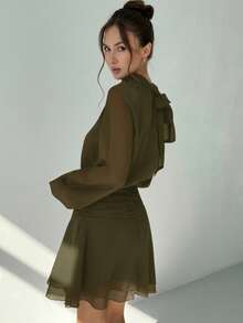 Aloruh Elegant Solid Color Mock Neck Bishop Sleeves Dress, Casual & Party Wear - Army Green - View 5