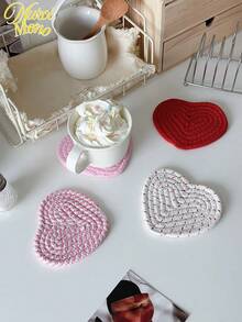 4pcs Valentine's Day Heart Shaped Coasters Handmade Woven Heart Shaped Coasters Pink Red Coasters Non-Slip Absorbent Beverage Mats Suitable For Home Restaurant Tea Cafe Bar Decoration (Without Shelf) - Multicolor - View 10