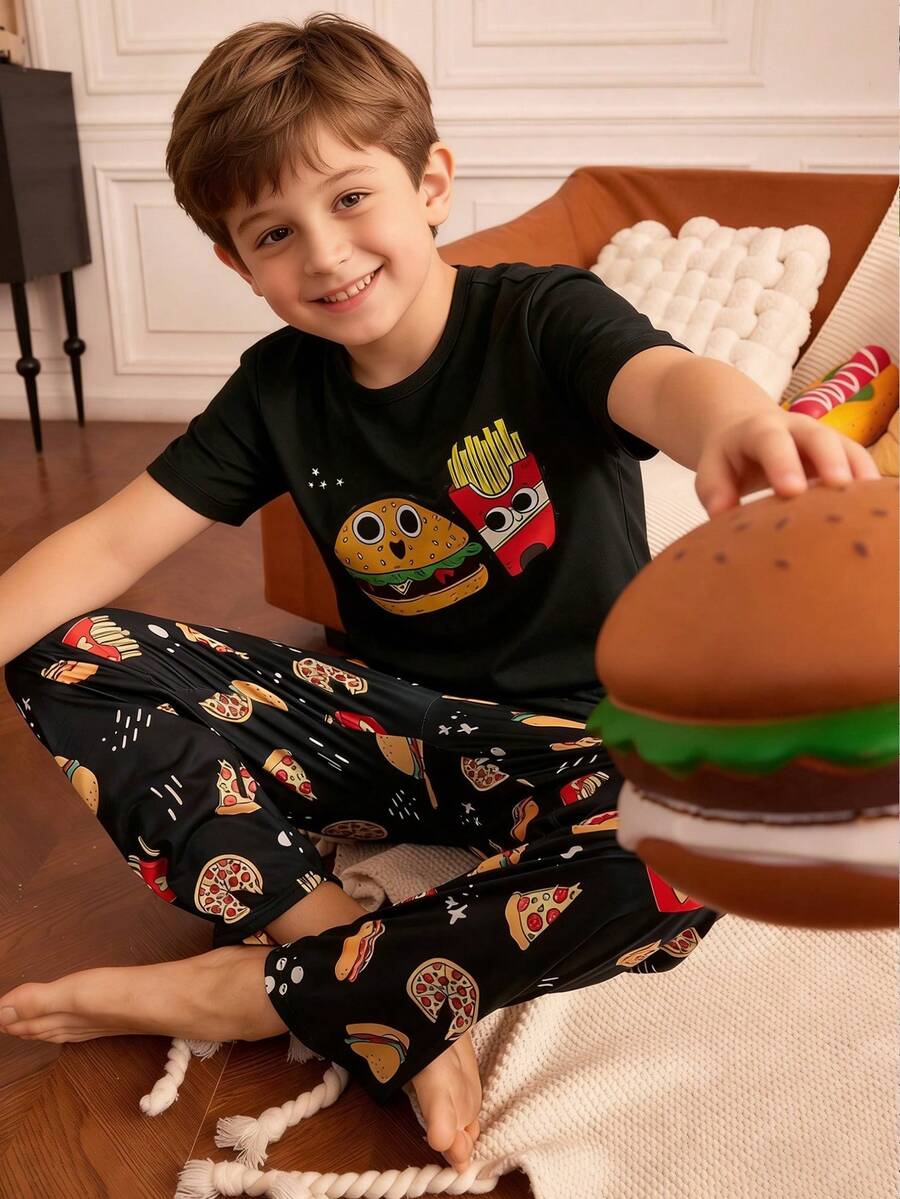 SHEIN Tween Boy Casual Minimalist Round Neck Short Sleeve T-Shirt And Hamburger Print Loose Pajama Pants 2 Pieces Sleepwear Set - Multicolor - View 1