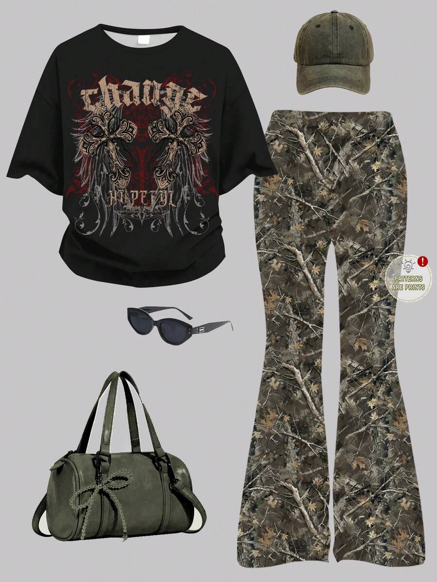 两件套休闲朋克风十字翅膀印花宽松圆领短袖T恤和喇叭裤套装，时尚朋克风青少年穿搭，秋季必备 - 彩色 - 查看 1