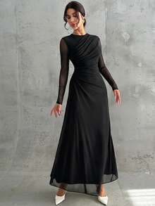 女士优雅正式办公通勤休闲度假派对复古教师秋季网纱纯色圆领腰部褶裥A字长袖连衣裙，浅黄色 - 黑色 - 查看 3