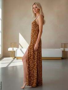 Vestido elegante y casual para mujer, diseño largo, cuello de tirantes ajustable, tela de poliéster y elastano, abertura en la pierna. Interior fresco y cómodo, ideal para temporadas de verano y primavera. En algunos colores, el tono y estampado pueden variar. - Camel - Ver 1