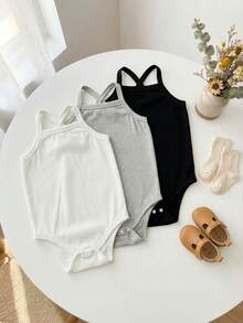 SHEIN 3pcs Baby Girl Summer Rompers Set, Gray/Black/White Sleeveless Bodysuits, Minimalist Style, Classic Black White Gray 3-Piece Outfit, Soft Cotton Blend Fabric, Suitable For Infant Toddler Outdoor Play & Casual Wear - Multicolor - View 3