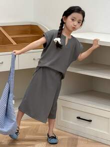 DAZY 2pcs/Set Young Girls V-Neck T-Shirt And A-Line Textured Skirt Casual Outfit, Fall - Dark Grey - View 4