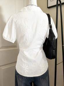 Flirla Plus Size Casual Fashionable Hollow Out Short Sleeve Shirt - White - View 2
