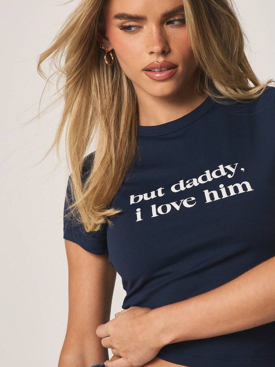 MISSGUIDED But Daddy I Love Him Navy Short Sleeve Crew Neck Graphic Tee Casual Statement Text Print Relaxed Fit Basic Top - Royal Blue - View 1