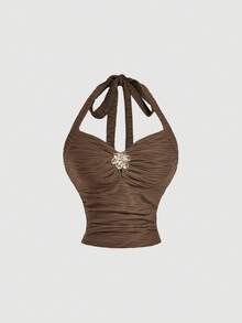 SHEIN MOD 2pcs/Set Women Jacquard Halter Top And Mini Skirt Brown Dresses Classy Elegant Two Piece Long Skirt Set Brown Two Piece Set Women Brown Formal Dress - Brown - View 5