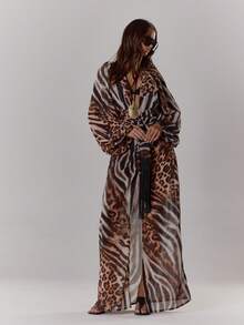 MUSERA Deep V Neck Loose Fit Tassel Detail Zebra Print Elegant Long Sleeved Maxi Dress For Spring Summer Vacation Wedding Guest Ibiza Holiday Festival  Long Dress - Multicolor - View 3