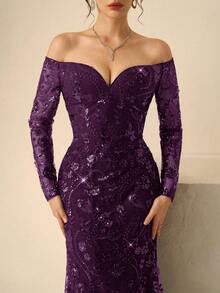 Coutiva Elegante abito con scollo a V, spalle scoperte, maniche lunghe e gonna a sirena con paillettes, perfetto per matrimoni, red carpet, serate all'opera e cene di lusso, abiti da festa, abiti da invitati a matrimoni, abiti da cerimonia, abiti da sera - Viola scuro - Visualizzare 1