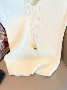 Resyla Áo thun nữ dệt kim gân màu trơn, kiểu dáng thường ngày, thích hợp đi làm. - trắng - Xem 3