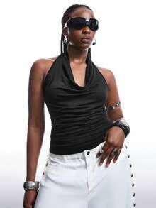 SHEIN EZwear Blusas informales de talla grande de unicolor con cuello halter y ajuste sencillo - Negro - Ver 3