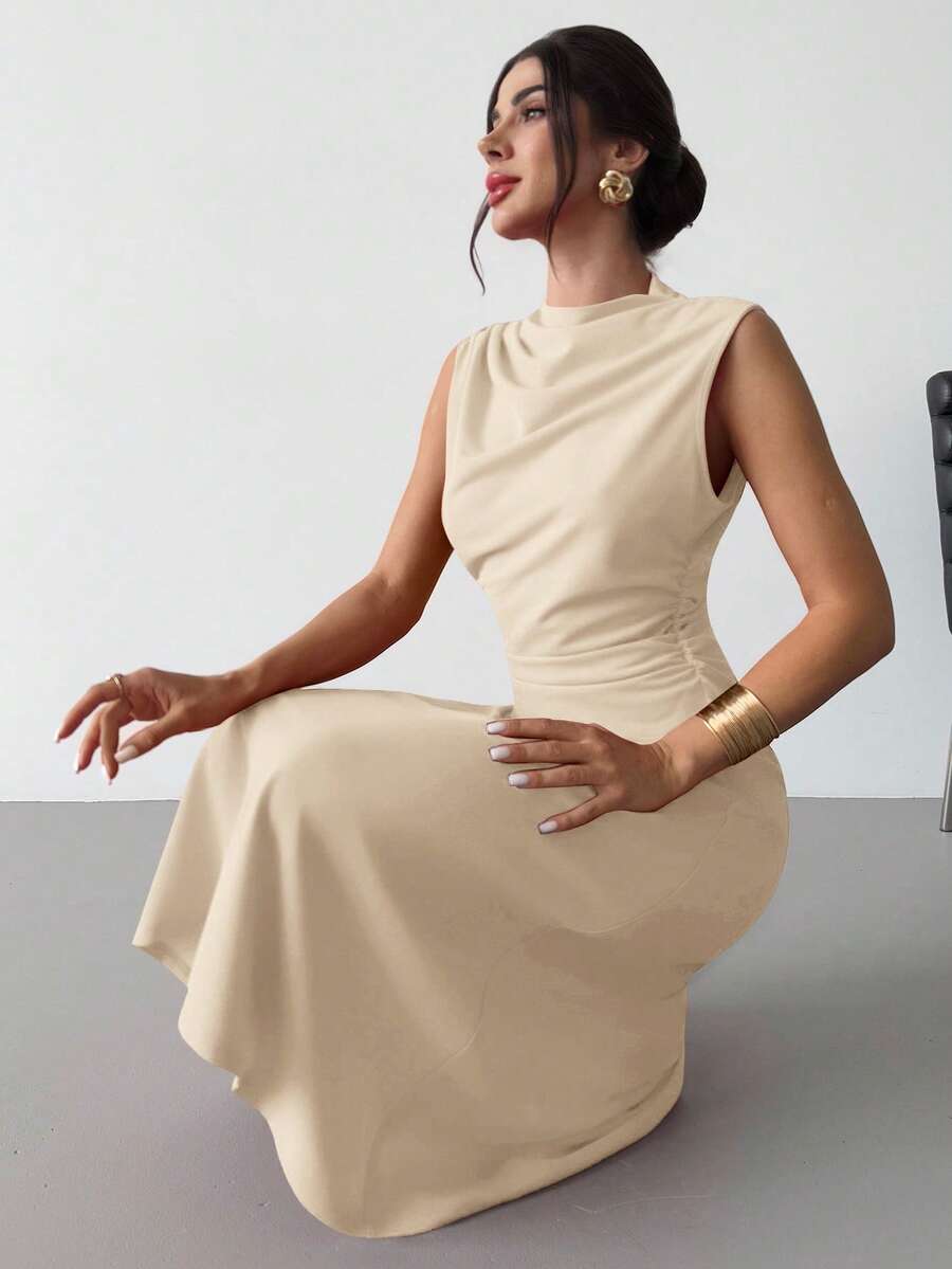 Firerie 女士优雅简约精致浪漫甜美日常通勤婚礼派对音乐节度假褶皱A字迷你连衣裙，红色吊带 - 米色 - 查看 1