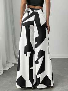 Firerie 女士优雅通勤、休闲度假、日常休闲高腰超阔腿裤，适合海滩、机场等各种场合。 - 黑與白 - 查看 2