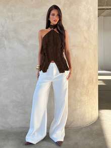 Aloruh Women's Elegant Multi-Layer Ruffle Trim Stand Collar Fitted Tank Top - Coffee Brown - View 3