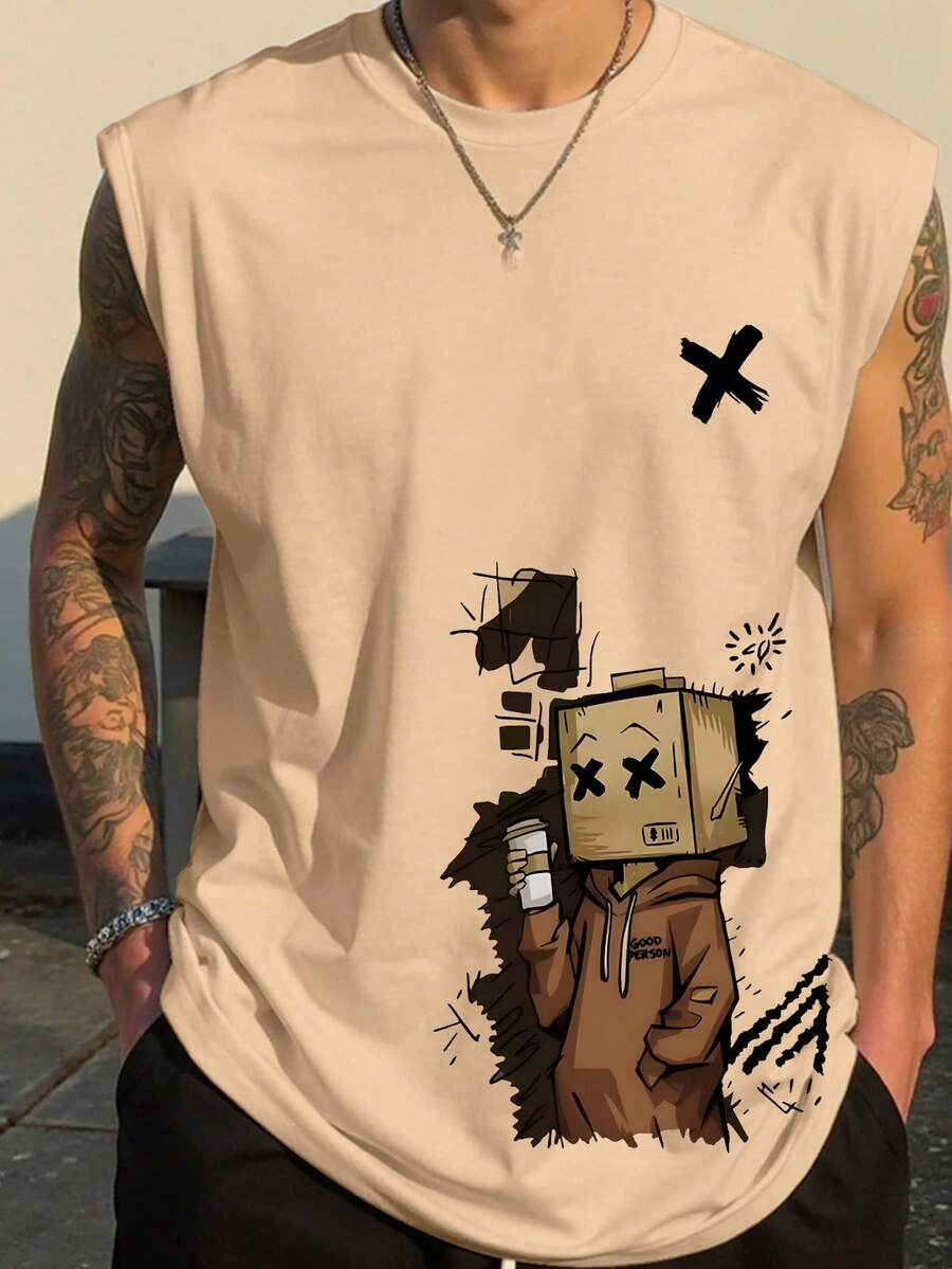 Manfinity Dauomo 男士休闲卡通图案宽松圆领背心，夏季 - 彩色 - 查看 1