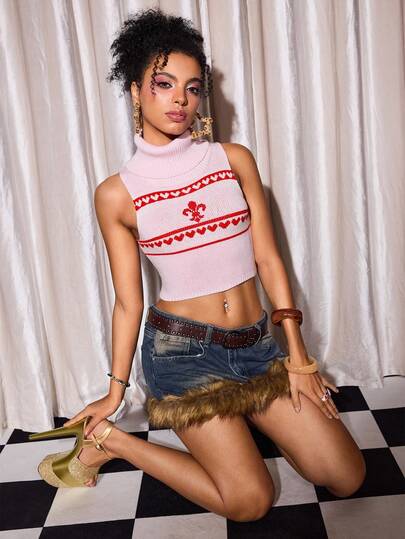 Y2Kool Maria Clara Maia بلوزة نسائية بياقة عالية بدون أكمام، بتصميم ملون متباين، من الجاكار الكاجوال المحبوك، ملابس ربيعية للنساء، ملابس كرنفال Y2K