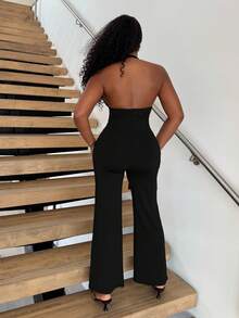 Alexandranx Women's Sexy Metal Decor Solid Color Spaghetti Strap Sleeveless Jumpsuit, Slim Fit For Casual Commute Daily, Summer - Black - View 2
