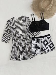 Swim Lushoire 3pcs Women Black Crop Bikini Top, Mesh Kimono Cover Up & Shorts Beach Outfit Set - Multicolor - View 5