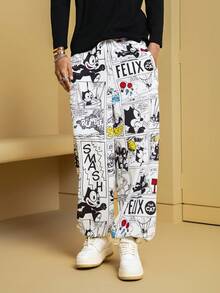 Felix The Cat X SHEIN Men's Casual Fashion Street Cartoon Pattern Drawstring Waist Slant Pocket Loose Tapered Leg Pants - White - View 1