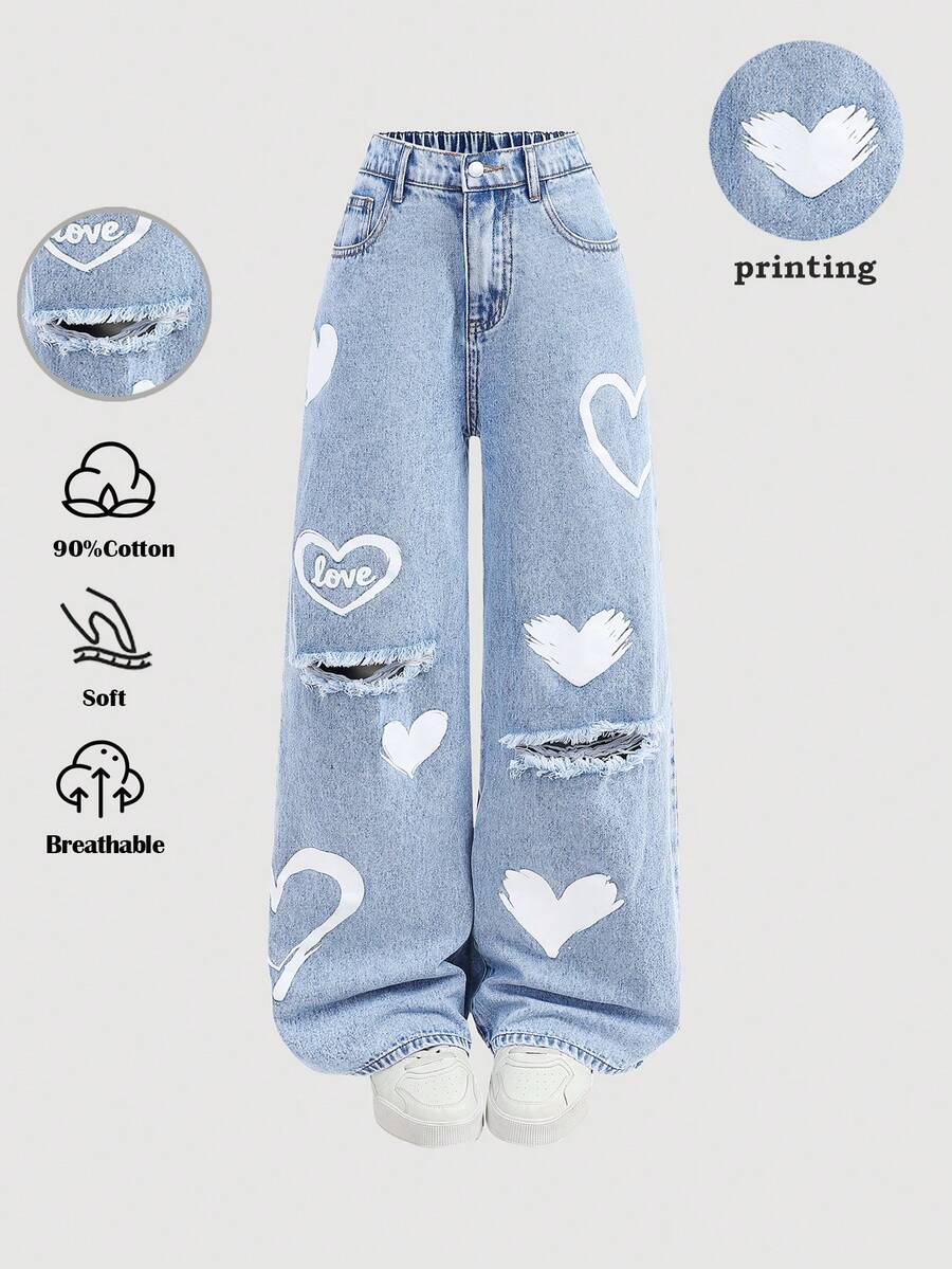 Girlism 少女白色心形字母印花宽松蓝色牛仔裤 - 淺色水洗藍 - 查看 1