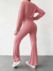 EURMUSE Ladies' Solid Color Long Sleeve Top And Pants Set - Pink - View 2