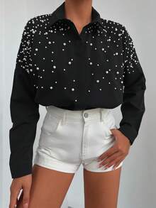 EURMUSE 100%Cotton Pearls Beaded Drop Shoulder Shirt - Black - View 6