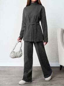SHEIN Tall Solid Color Turtleneck Casual Sweater 2pcs/Set, Tall Women - Dark Grey - View 3
