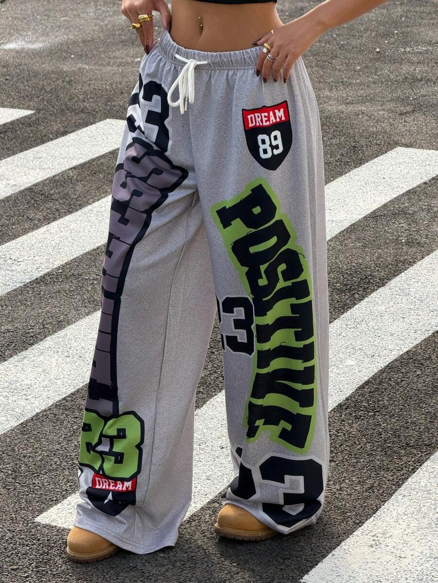 Muchica Summer Casual Y2k Women Letter Print Drawstring Waist Sweatpants - Grey - View 1