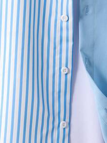 Mirajuku 青少年男童休闲条纹拼接撞色衬衫，时尚百搭，适合日常通勤，可搭配白色T恤和牛仔裤。 - 藍色 - 查看 5