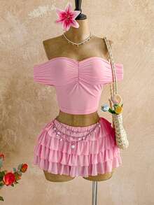 Soleia Bộ gồm áo croptop trễ vai xếp ly và chân váy mini nhiều lớp, phong cách Bohemian, Boho, đi nghỉ mát, trang phục nữ mùa thu, vintage, lễ hội. - Màu Hồng baby - Xem 3