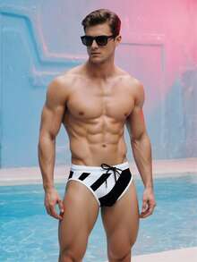 Manfinity Swimmode Men Beach Vacation Two Tone Drawstring Waist Swim Brief,Hawaiian, Men's Swim Trunks, Black And White Swim Trunks, Men Swimwear, Swim Briefs - Black and White - View 3