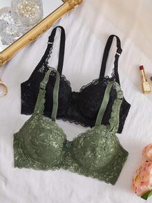 DesireSculpt 2件装女士纯色蕾丝钢圈文胸 - 綠色 - 查看 3