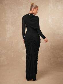 Lumalex Asymmetrical Metal Decor Mesh Soft Flowy Ruched Waist Bodycon Long Sleeve Dress For Women - Black - View 2