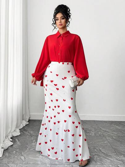 Elenzga Plus Size Red Casual Knit Heart & Graphic Print Top & Skirt Set Maxi Skirt Two Pieces Set Valentine's Day