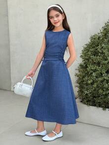 Firerie Kids Tween Girl Spring/Summer New Blue Ruched Fitted Elegant Round Neck Sleeveless Side Ruched Midi Dress, Traditional Arabic Clothing, Robe, Jalabiya, Abaya - Blue - View 5