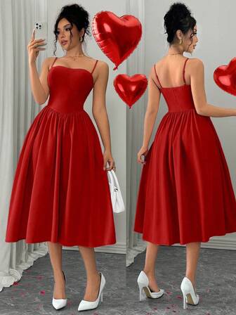 Rafferiza Fashionable Versatile Date Party Camisole Waist Flarey Dress, Women Autumn/Winter