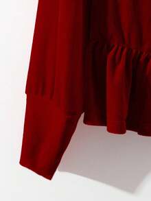 GlowEve 女式柔软天鹅绒高领插肩袖褶腰金属纽扣荷叶边下摆优雅复古酒红色高领上衣和配套腰带直腿酒红色裤子套装，适合圣诞节、情人节、中国新年、晚宴、郊游、春季、秋季、冬季 - 酒紅色 - 查看 3