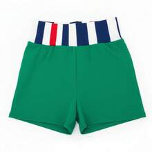 Pantalones cortos de COLOR VERDE, BLANCO, BLANCO y BLANCO 4PK  deportivas cortas unisex con pretina elástica a rayas tricolor, pantalón corto de entrenamiento para gym, yoga, correr o uso diario, en colores rojo, verde, negro, blanco, rosa y azul marino, tela suave tipo compresión para deporte y casua, - VERDE - Ver 2