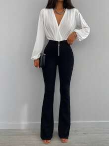 EURMUSE Wrap Front Bishop Sleeve Blouse - trắng - Xem 5