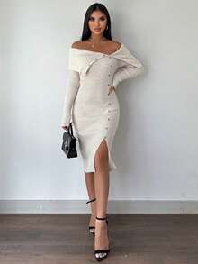 EURMUSE Foldover Off Shoulder Button Front Split Thigh Sweater Dress - Beige - View 4
