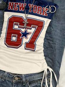 Attitoon 女士休闲抽绳系带露脐吊带背心，数字67印花，适合夏季穿着 - 彩色 - 查看 5