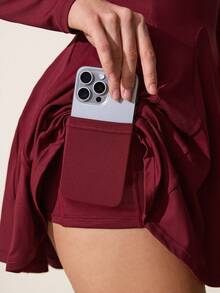 Core Rhythm 女士户外运动长袖半拉链高领A字连衣裙，女士运动短裤带手机口袋 - 酒紅色 - 查看 6