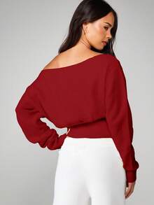 MISSGUIDED Off Shoulder Knit Sweater Long Sleeve Oversized Pullover Fall Winter Casual Top - Burgundy - View 2