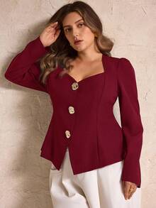 Elegantrix Áo sơ mi nữ cỡ lớn cổ tim cài kim loại thời trang, thích hợp cho mùa Thu/Đông. - Màu Đỏ Sâu - Xem 3
