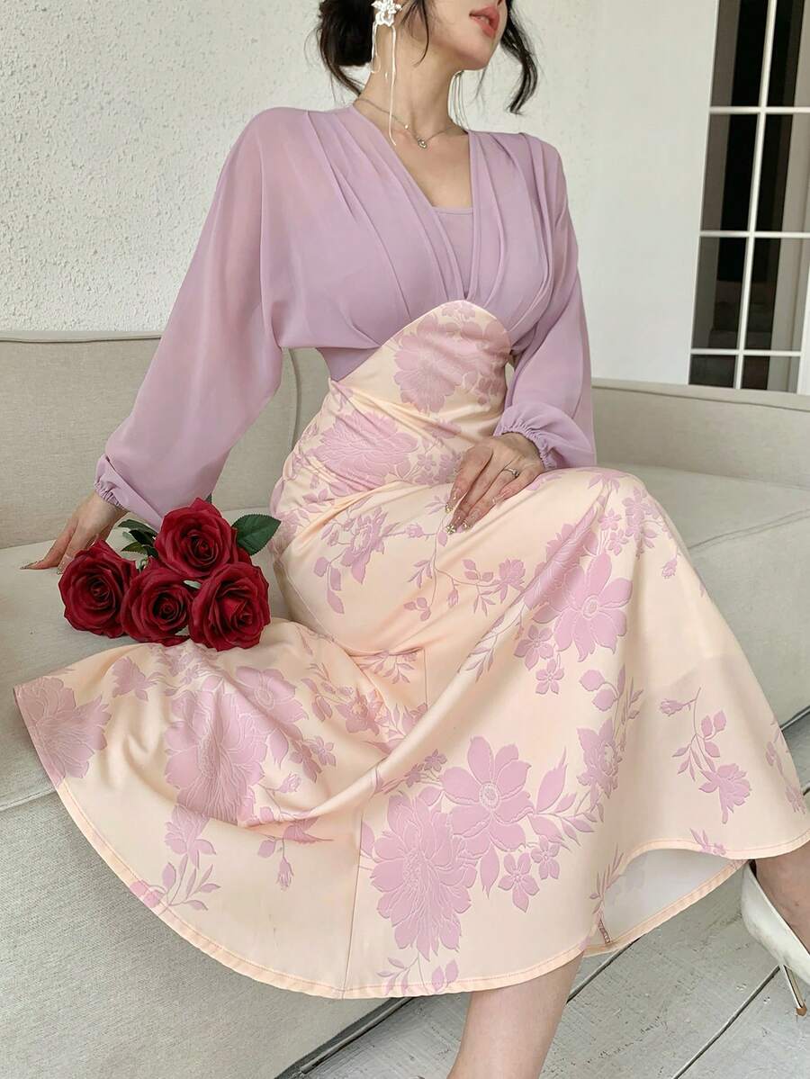 DAZY Robe longue plissée élégante à couleurs contrastées pour femmes, printemps/été - Parme - Voir 1
